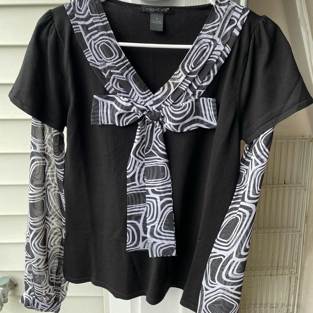 August Silk Bow Tie Neck Blouse w/ Chiffon Sleeves